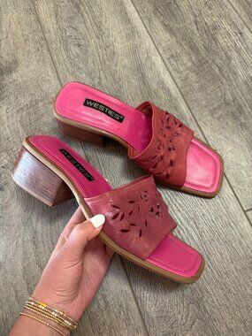 Westies Leather Slide Sandals Pink Red Cutout Block Heel Vintage Size 8.5